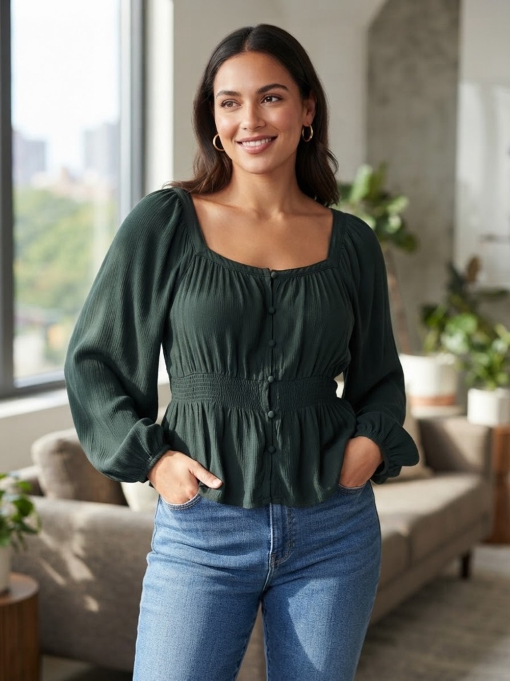 Old Navy Dark Green Square Neck Long Sleeve Button Front Peplum Blouse Size L